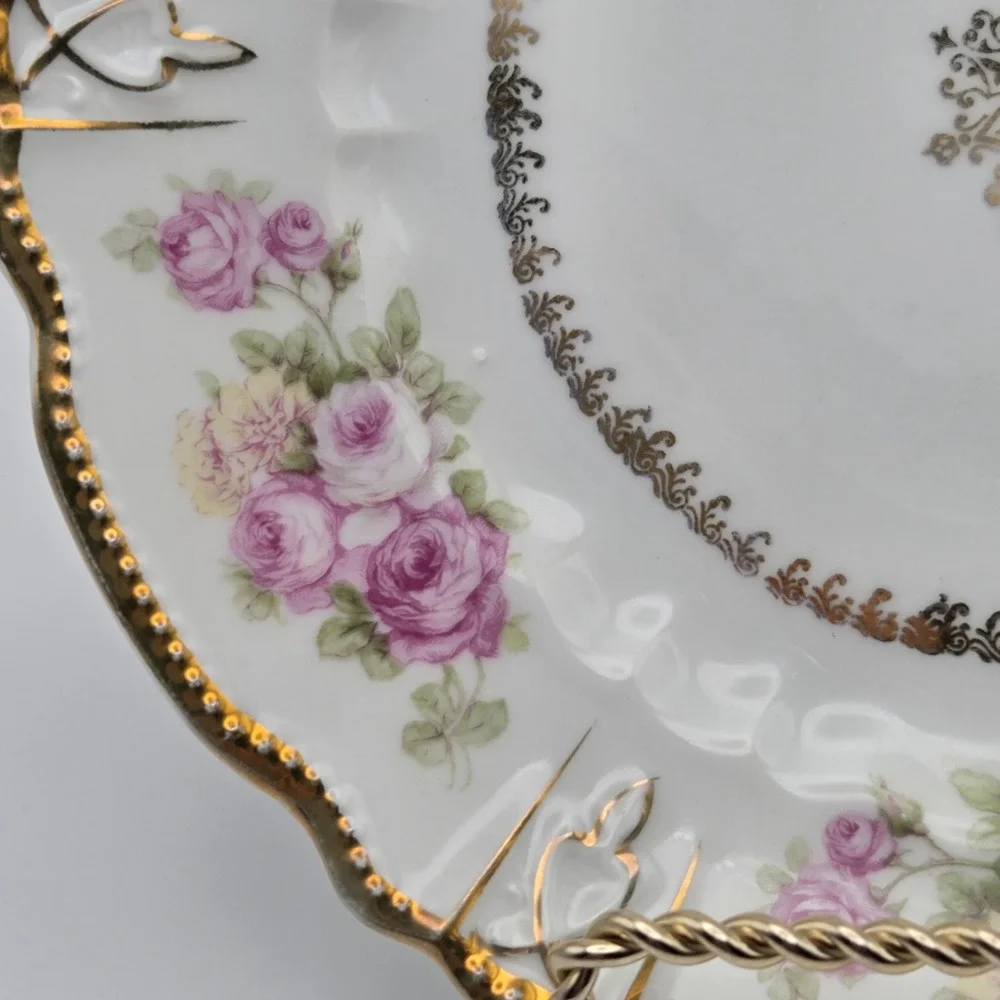 Set Of 5 Three Crown China Germany Floral Rose Salad / Dessert Plates Gold Gilt